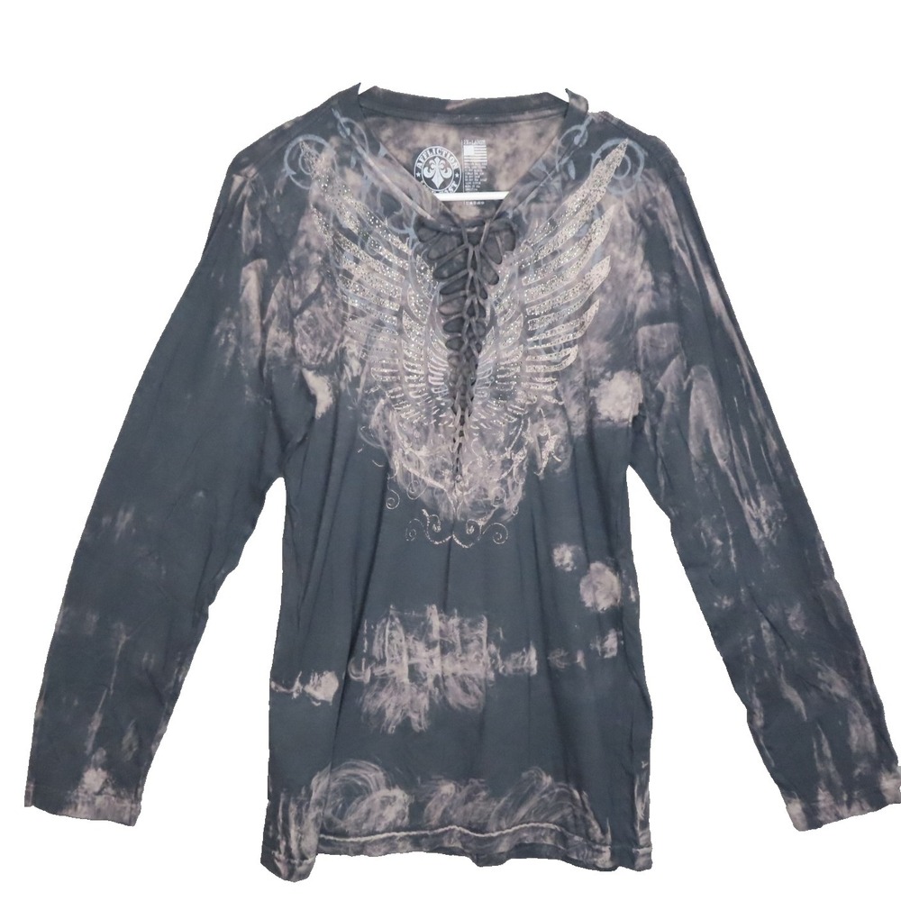 Affliction Long‎ Sleeve Shirt Womens 2X-Large Y2K Black Angel Wings Biker Chic